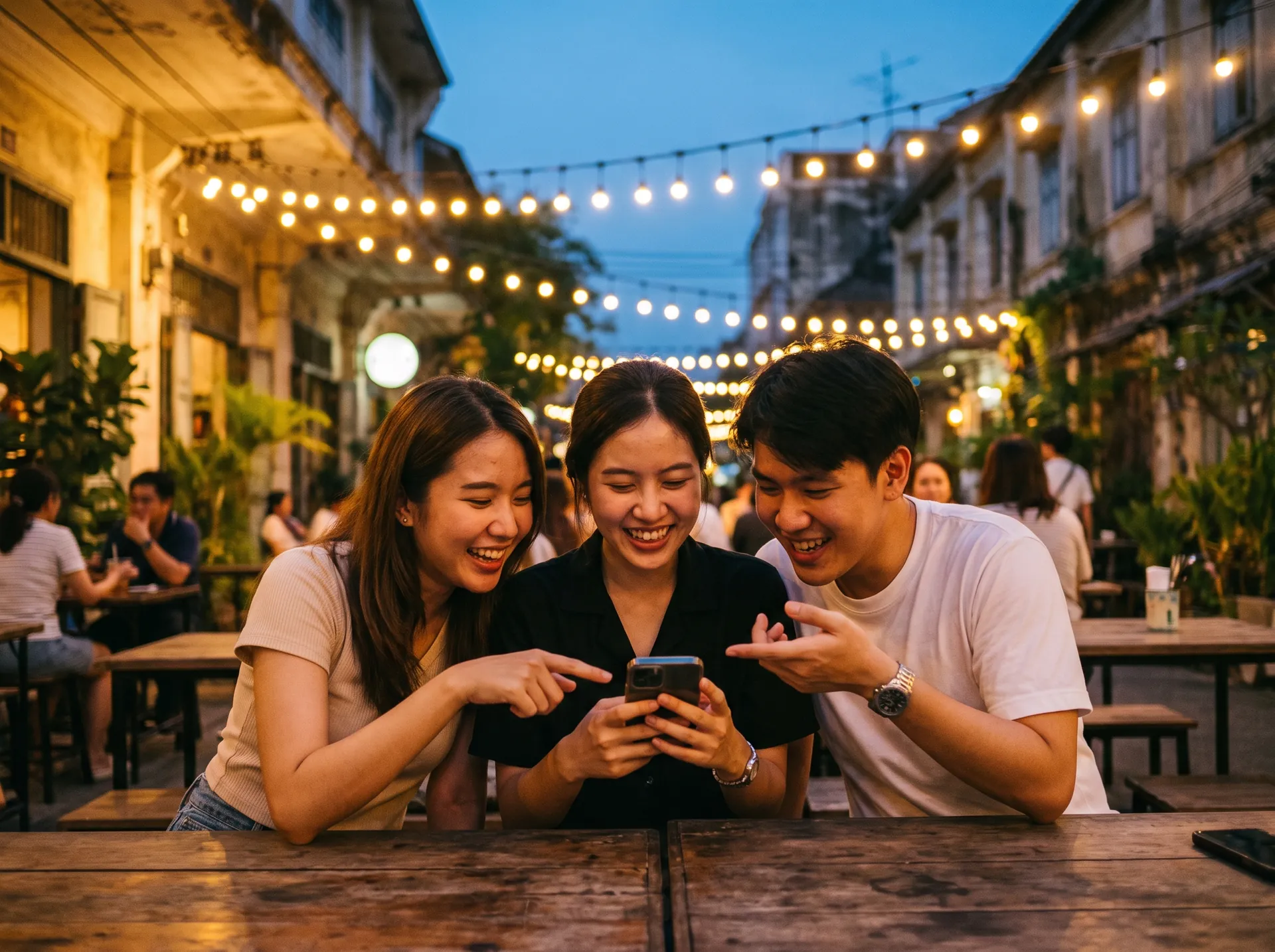 เพื่อนสามคนดูคลิปในโทรศัพท์ด้วยกันที่ร้านกลางแจ้ง